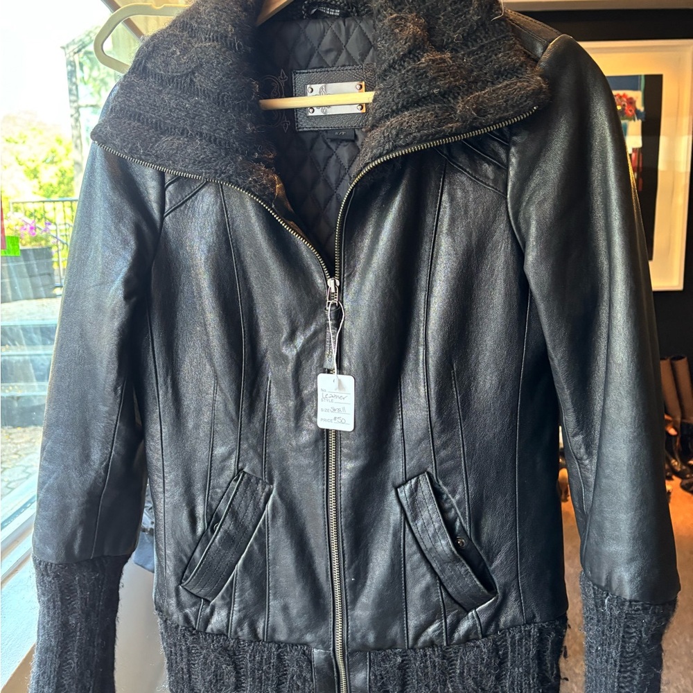 Mackage Black Leather Jacket with Textured Knit